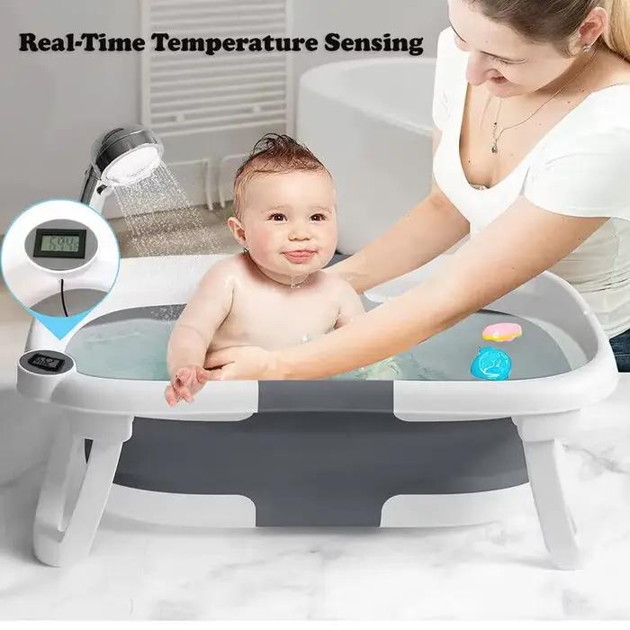 Baignoire pliable pour bébé avec capteur de température et coussin doux