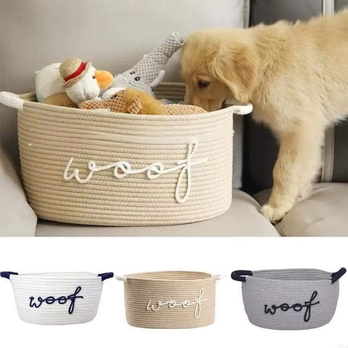 Panier rangement en corde coton fabriqué à main pour jouets chien, avec des motifs pieds d'animaux des pour