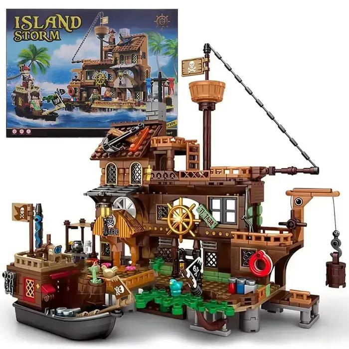 Blocs de Construction Créatifs de Forteresse Insulaire Médiévale Pirate Château Bateau d'Aventure Cabane en Bois Modèle de Bateau Briques à Assembler Jouets Cadeaux Occasions Spéciales