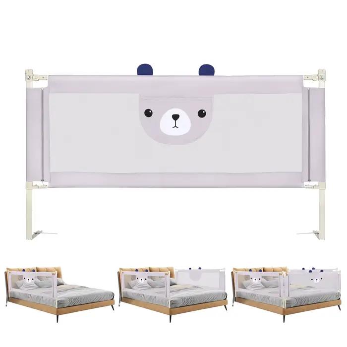 Barrière de Lit Bébé Réglable 30 Niveaux Cadre Métallique Anti-Chute Tissu Respirant Gris Clair Motif Mignon Sécurité Enfant Chambre Famille Occasions Spéciales