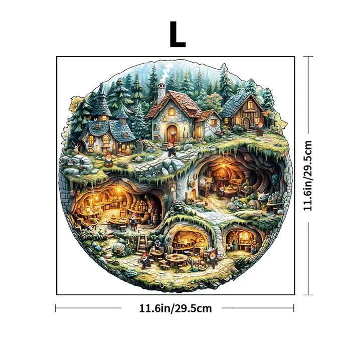Puzzle rond en bois – Village de gnome de forêt de conte de fées avec pièces uniques en forme d'animal