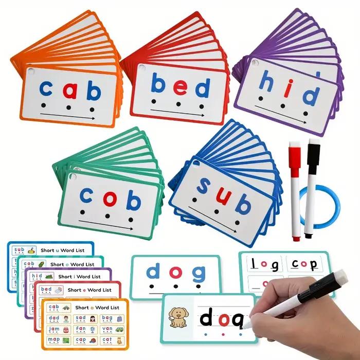 Cartes Flash d'Écriture Effaçables à Sec Mots Phoniques CVC Jeu de Phonétiques Constructeurs de Mots Phoniques Débutants Mots de Lecture d'Orthographe Occasions Spéciales Éducation Familiale