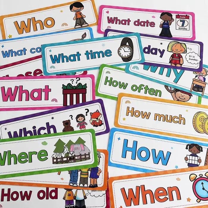 Cartes d'apprentissage de la grammaire anglaise avec mots de questions pour enfants, décoration de tableau d'affichage de classe, fournitures scolaires, affiche éducative