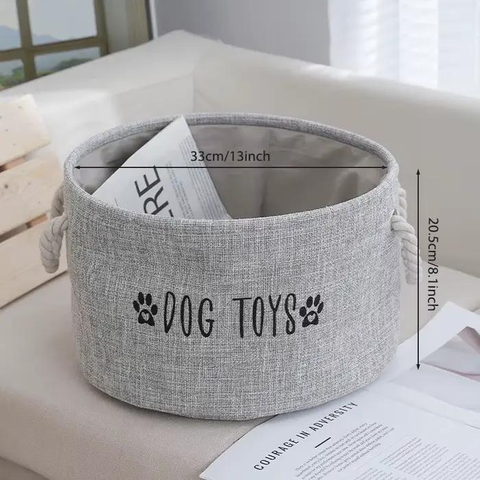 Grand panier de rangement pour jouets de chien en tissu simili lin - Organisateur rond spacieux pour jouets et accessoires pour animaux de compagnie avec poignées
