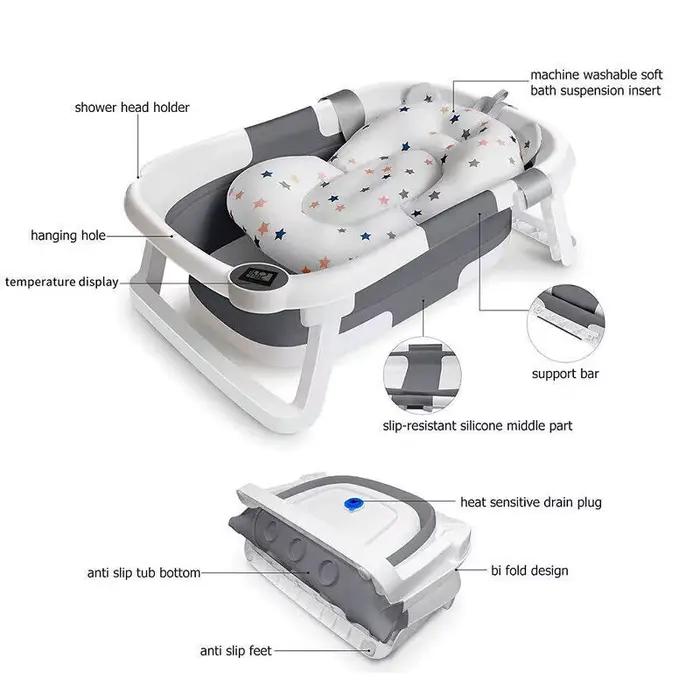 Baignoire pliable pour bébé avec capteur de température et coussin doux