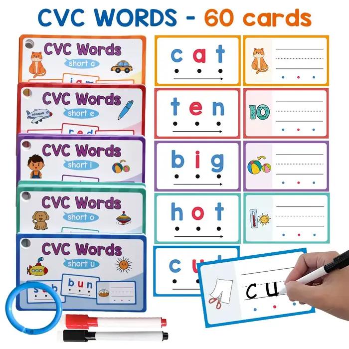 Cartes Flash d'Écriture Effaçables à Sec Mots Phoniques CVC Jeu de Phonétiques Constructeurs de Mots Phoniques Débutants Mots de Lecture d'Orthographe Occasions Spéciales Éducation Familiale