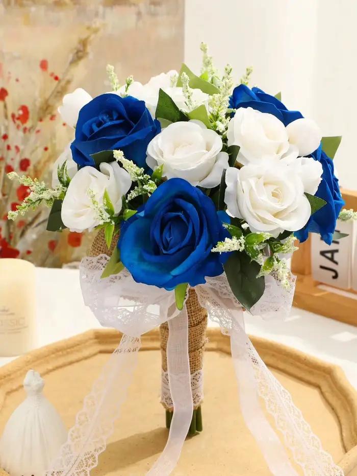 Bouquets de mariage pour la mariée et les demoiselles d'honneur, roses artificielles blanches, bleues et bordeaux pour la décoration de mariage à l'église