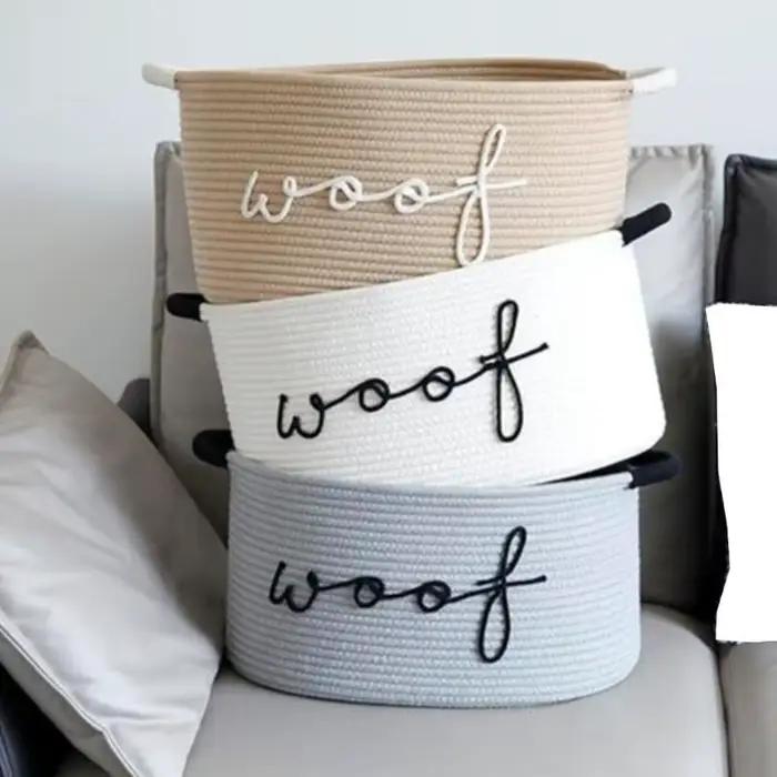Panier rangement en corde coton fabriqué à main pour jouets chien, avec des motifs pieds d'animaux des pour