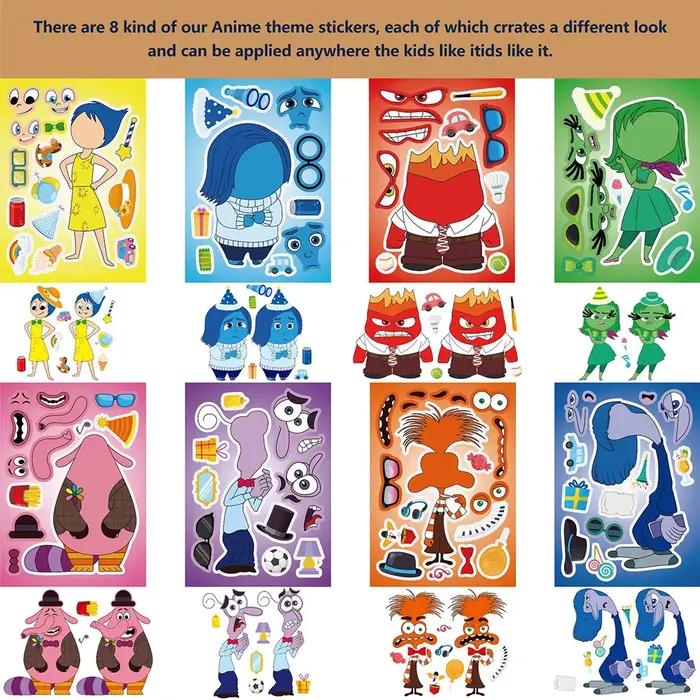 8/16 feuilles film de dessin animé Disney à l'envers 2 autocollants de Puzzle faire un visage jeu amusant pour enfants