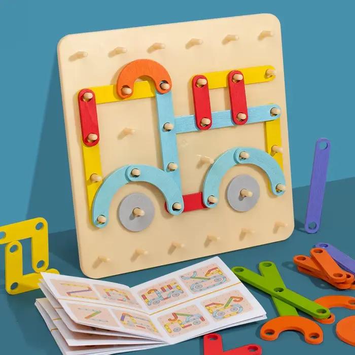 Jouets en bois planche créative colonnes géométriques puzzle construction panneau perforé géométrique sensoriel Montessori occasion spéciale enfant développement imagination coordination main ocular