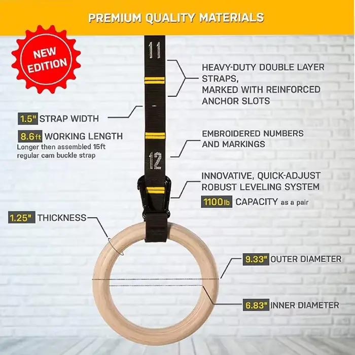 Anneaux de gymnastique en bois de 32 mm avec sangles numérotées à réglage rapide pour un contrôle amélioré de l'exercice