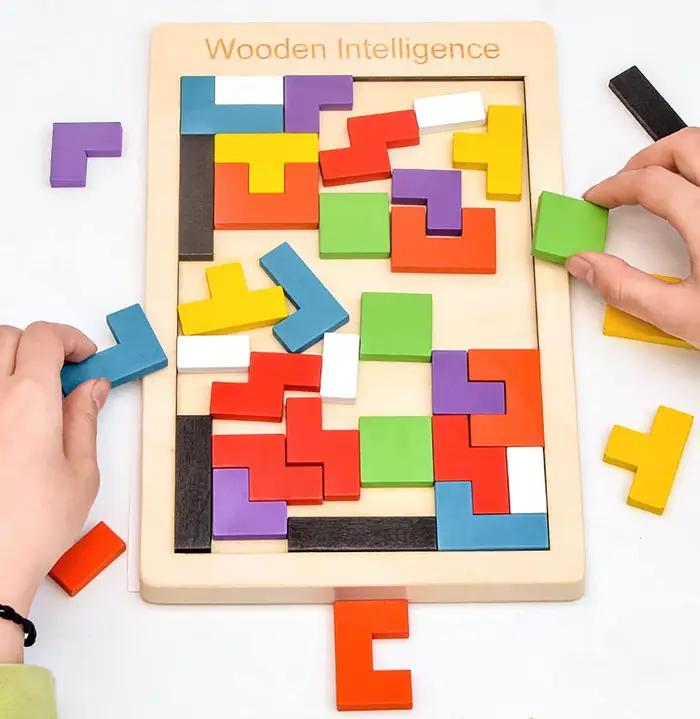 Puzzle en blocs de Tetris en bois naturel, tactile, pour l'entraînement logique, anti-stress, décoration de bureau, loisirs, cadeau de vacances