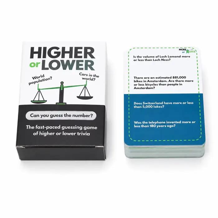 100 cartes de jeu de questions-réponses « Plus haut ou plus bas »