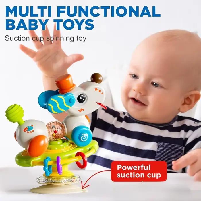 Chaise haute multifonctionnelle pour bébé – Adorable design chien avec volant rotatif et ventouse