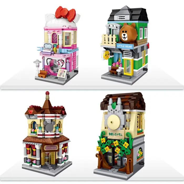 Mini blocs de construction City Street View : Boutique de cosmétiques pour chats, Magasin Little Bear, Restaurant japonais, Centre commercial - Jouets en briques pour cadeau