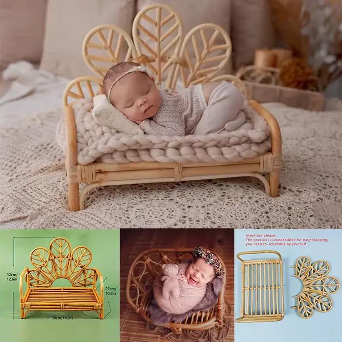 Meubles de photographie pour bébé, banc en rotin tissé à la main, chaise de paon à fleurs, lit en bambou pour garçon et fille, accessoires de séance photo pour berceau