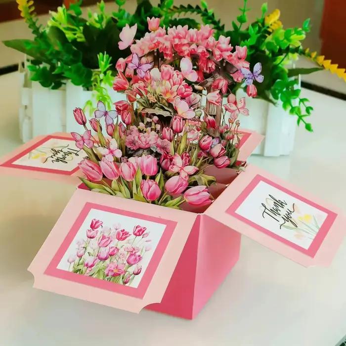 Carte de vministériels x fleur de tulipes avec enveloppe, boîte florale pop-up 3D, cadeaux surprises pour la fête des mères, anniversaire des travailleurs de Thanksgiving