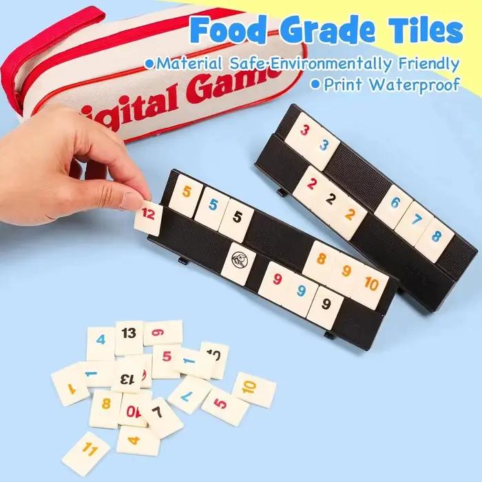Jeu de Rummy Cube avec 4 supports, ensemble de jeu de Rummy Cube de 106 tuiles avec étui portable, jeu de voyage de tuiles de Rummy pour les jeux de société classiques en famille