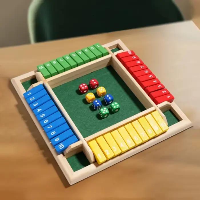 Jeu de société de dés arithmétiques en bois – Boîte à cartes rabattable avec carrelage à 4 faces