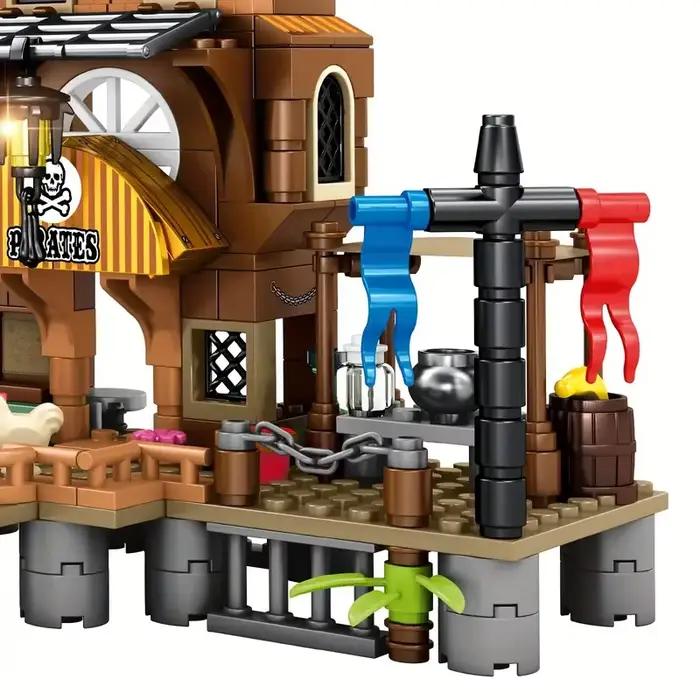 Blocs de Construction Créatifs de Forteresse Insulaire Médiévale Pirate Château Bateau d'Aventure Cabane en Bois Modèle de Bateau Briques à Assembler Jouets Cadeaux Occasions Spéciales