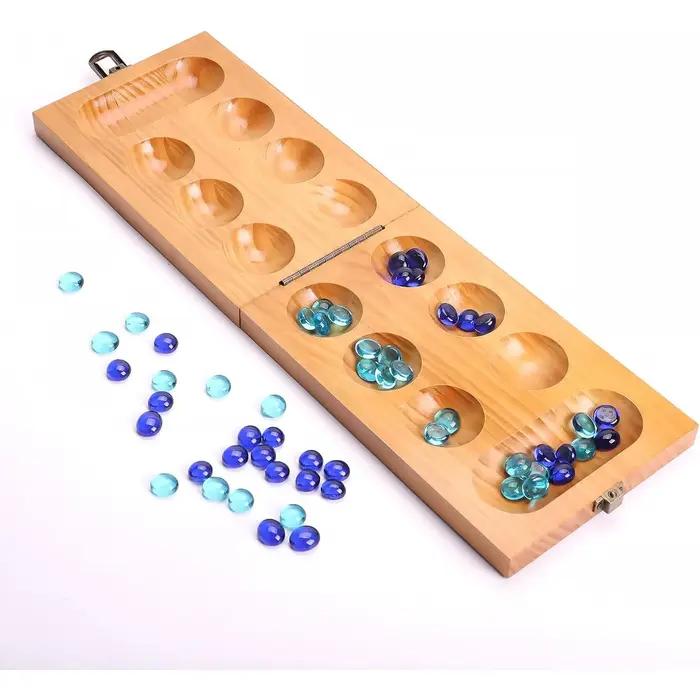 Ensemble de jeu de société Mancala en bois – Plateau de jeu pliant avec pierres de verre bicolores – Jeu de stratégie