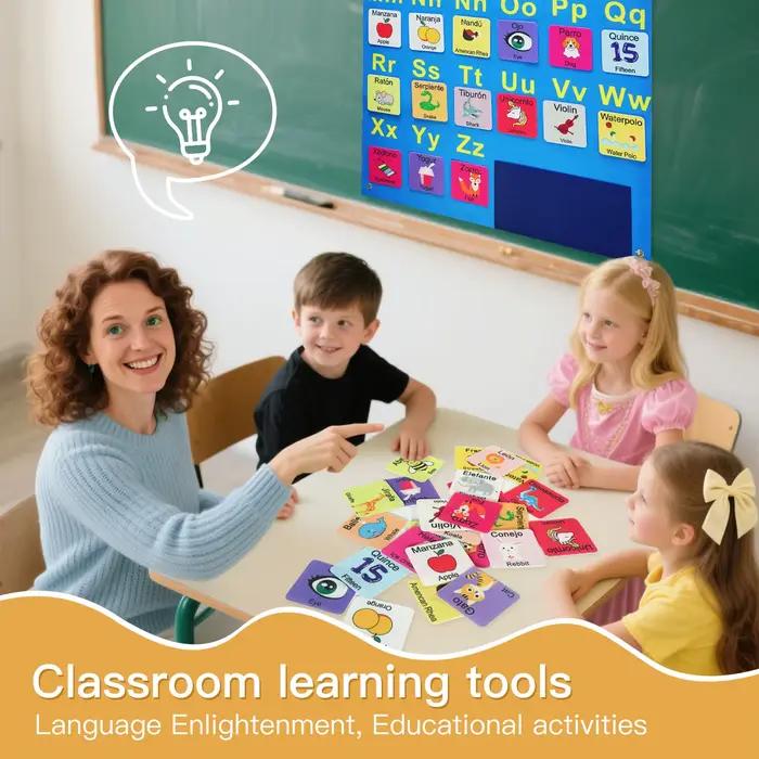 Tableau en feutre d'apprentissage Montessori avec 26 lettres et 53 cartes d'apprentissage bilingues, jouet éducatif pour l'anglais et l'espagnol
