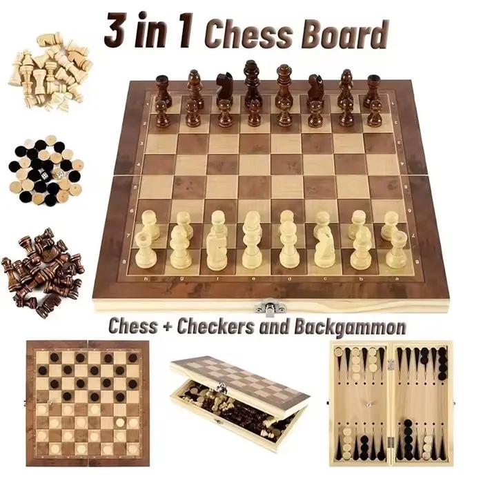 Ensemble de jeux de société 3 en 1 en bois pour damiers, backgammon et échecs, idéal pour les voyages, les réunions familiales et les cadeaux d'occasion spéciale