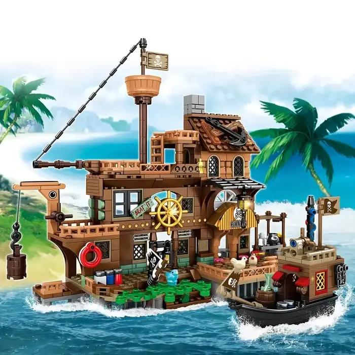 Blocs de Construction Créatifs de Forteresse Insulaire Médiévale Pirate Château Bateau d'Aventure Cabane en Bois Modèle de Bateau Briques à Assembler Jouets Cadeaux Occasions Spéciales