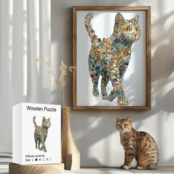 Puzzle chat en bois : cadeau exquis, pièces épaisses et robustes, couleurs vives, décoration de la maison et puzzle stimulant pour la famille