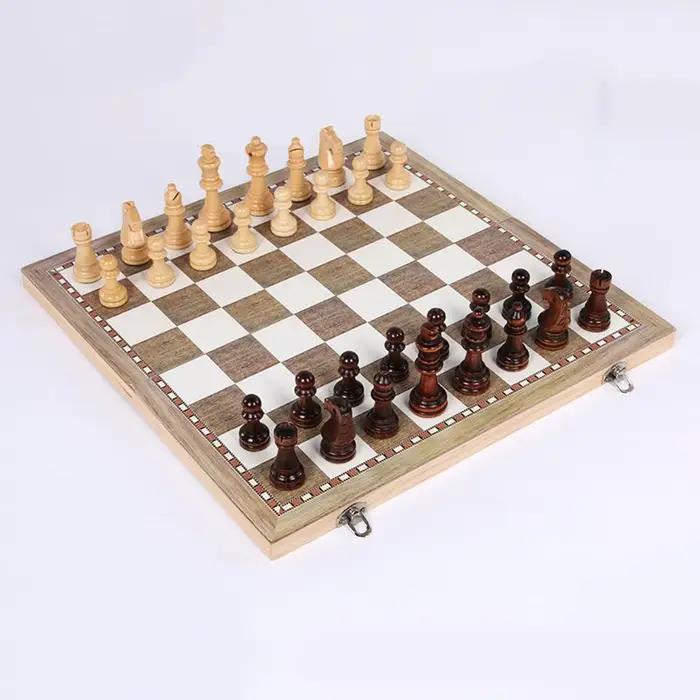 Grand jeu d'échecs en bois pliable et portable avec trois pièces