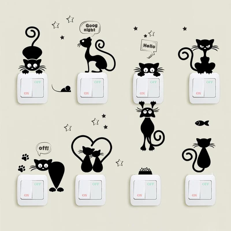 Autocollant mural créatif DIY Chat Noir de dessin animé pour décoration intérieure, salon, fond de m