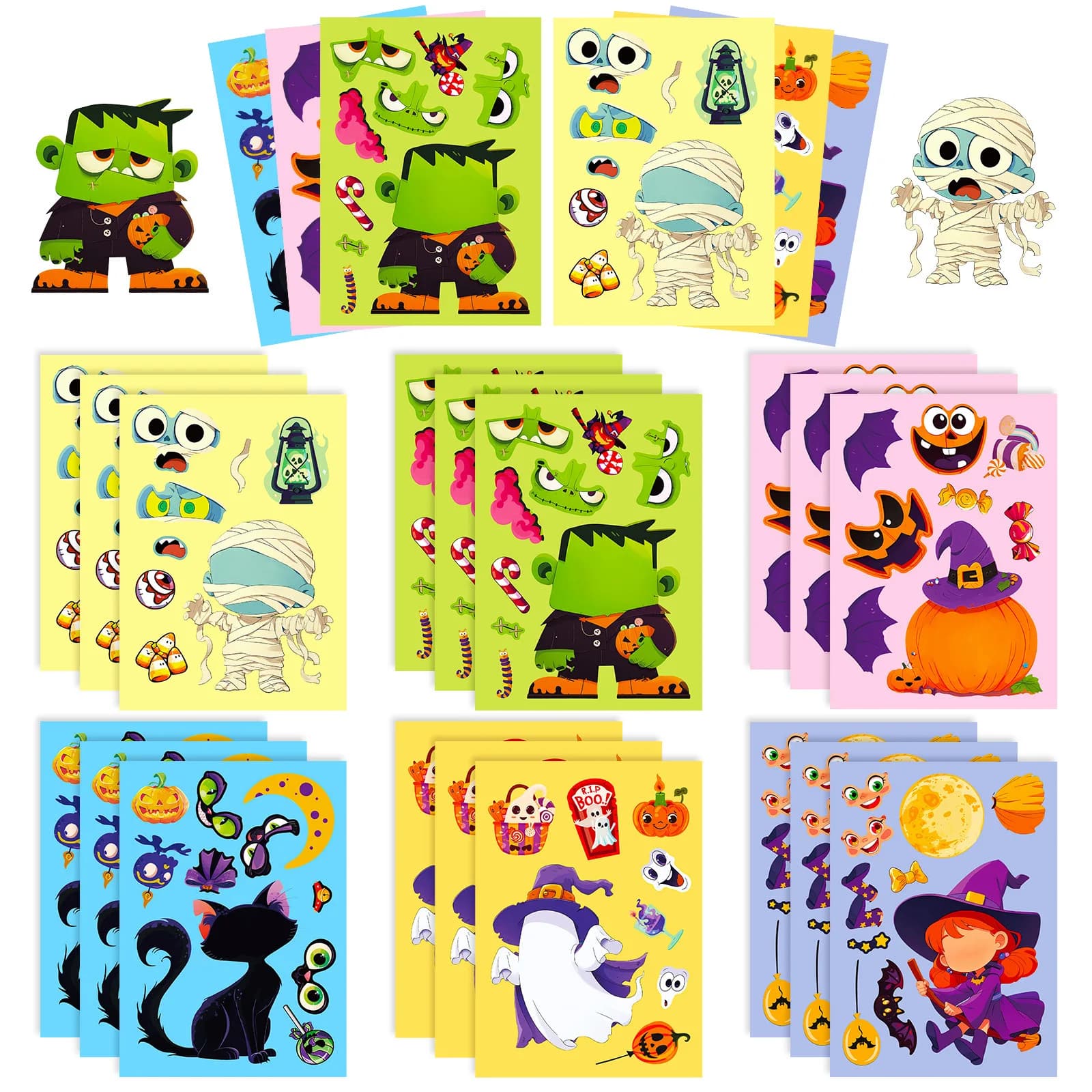 Jeu d'autocollants de puzzle d'Halloween pour enfants, 6 feuilles, fantôme, Aliments, faire un visag