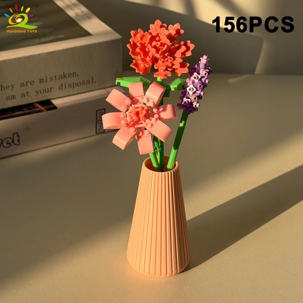 HUIQIBAO MOC Bouquet de fleurs éternelles avec pot Micro bloc de construction tournesol Rose Mini mo