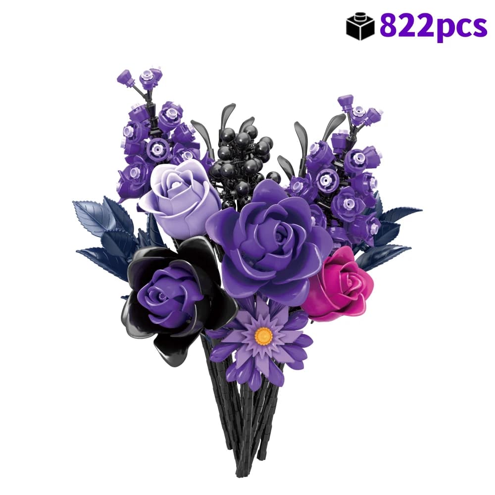 Blocs de construction de fleurs immortelles gothiques, 822 pièces, bouquet de fleurs violettes, joue