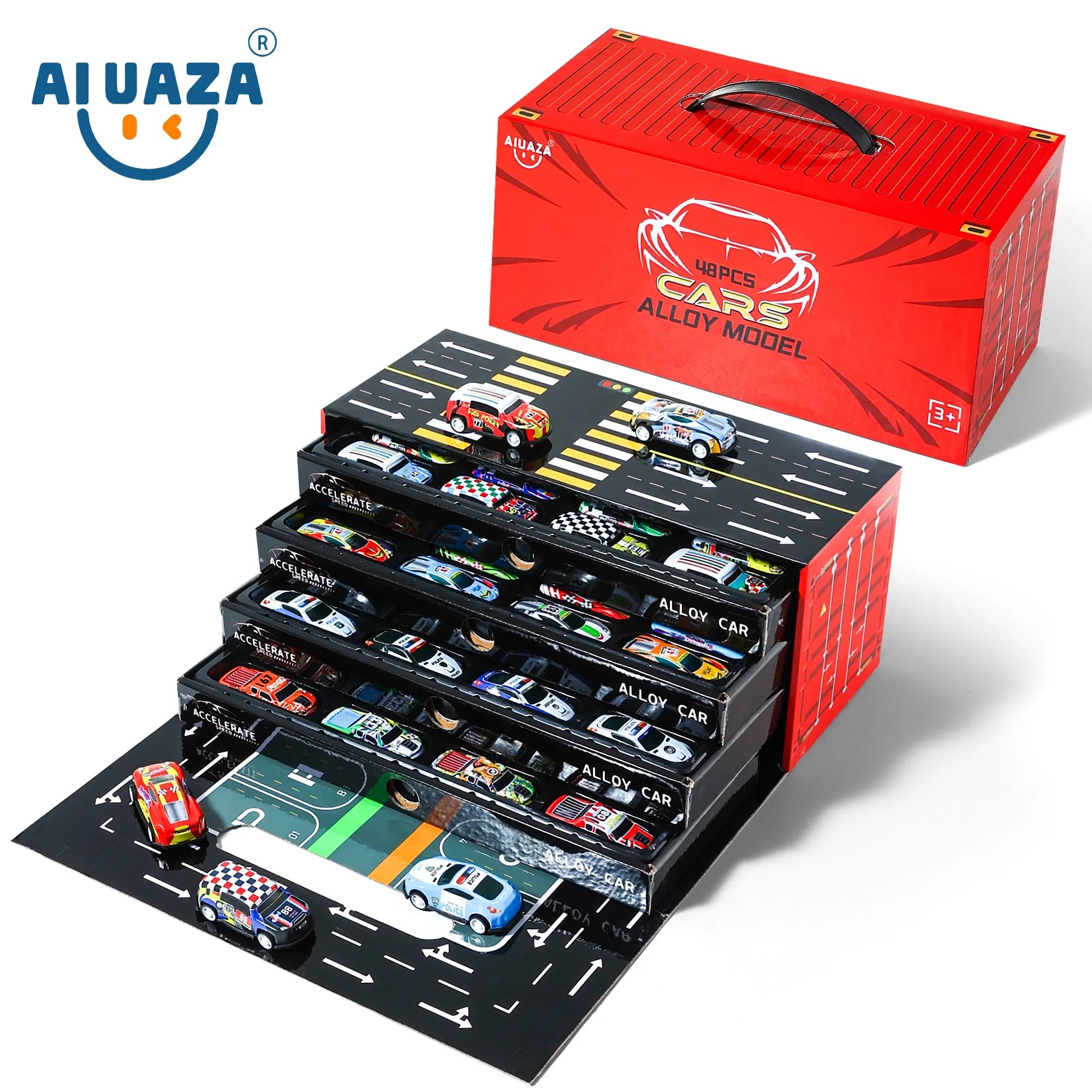 AIUAZA Coulins jouets pour jeunes, 48 jouets de voitures de course à tirer, boîte de rangement de co