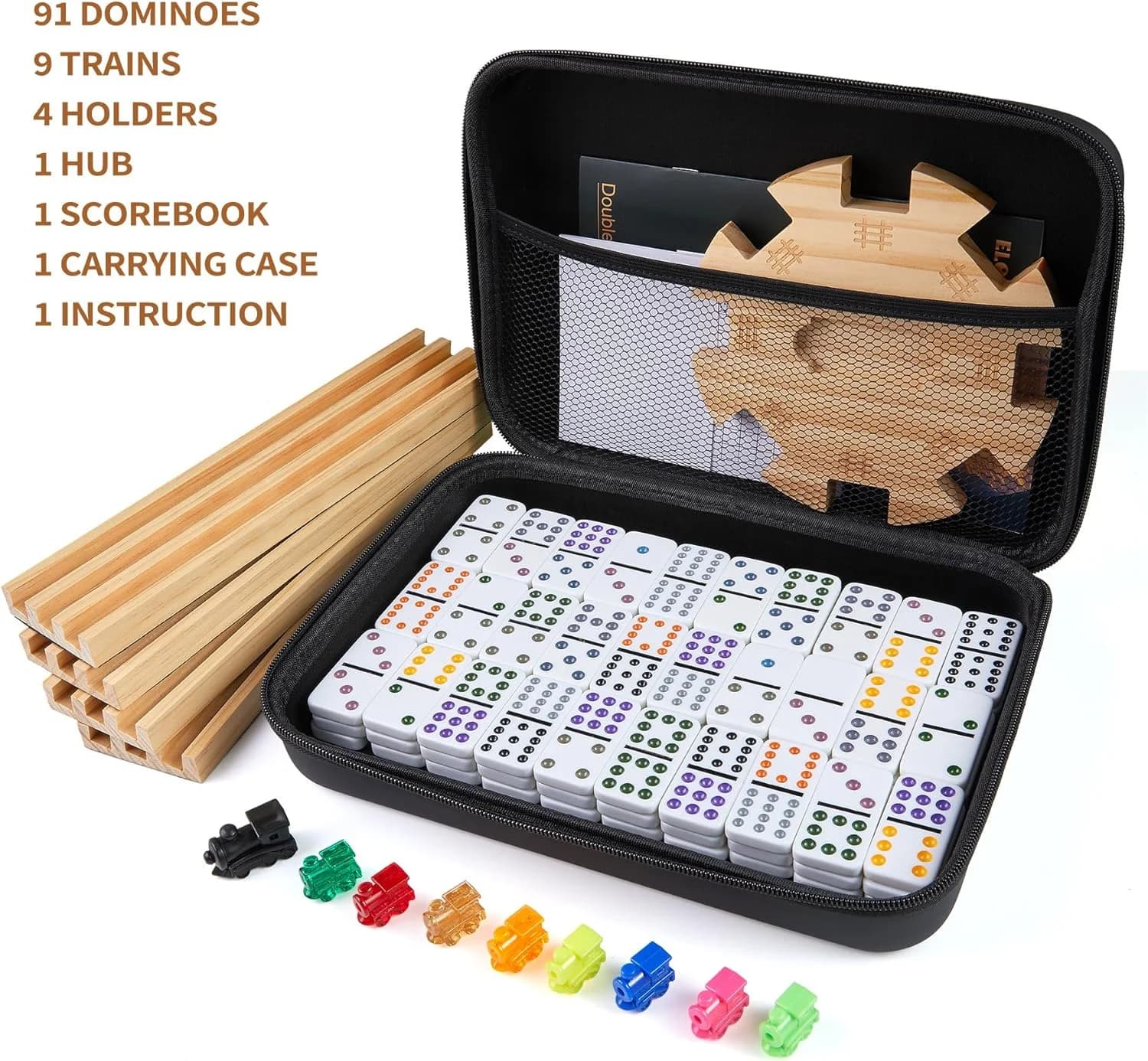Train mexicain Double 12 dominos ensemble avec 4 plateaux/taquets en bois dans une mallette de trans