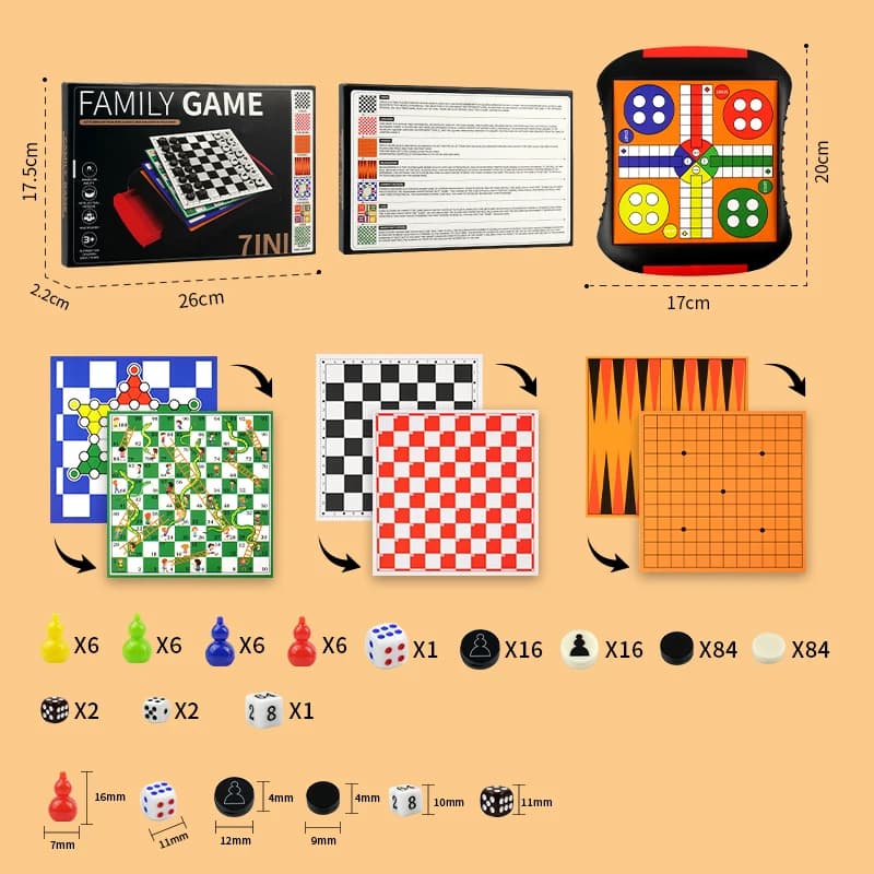 Ensemble de jeux de société 7-en-1 pour toute la famille, comprenant Serpents et Échelles, Dames, Éc