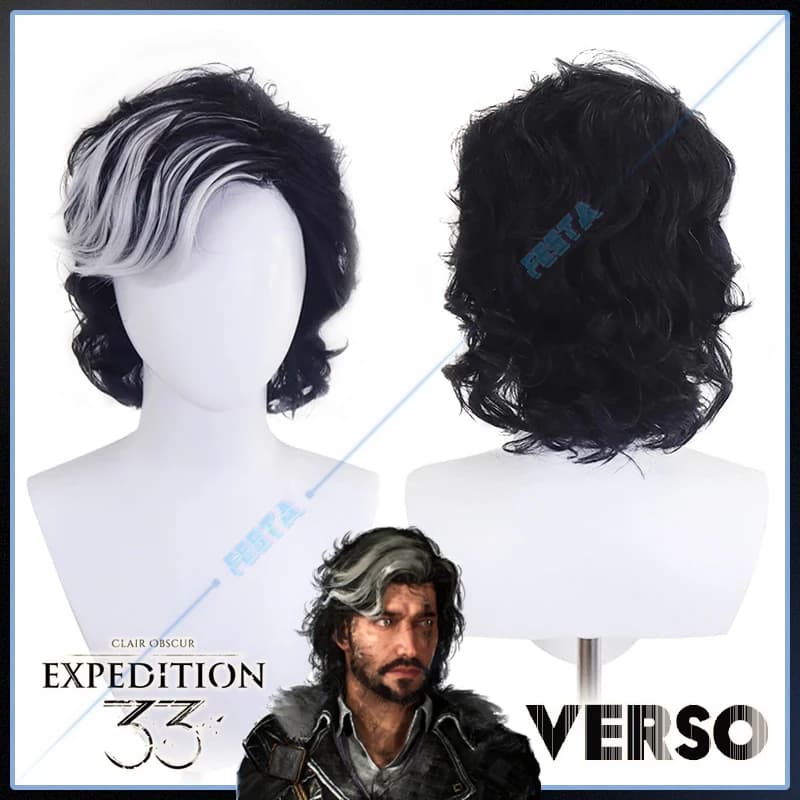Verso Cosplay perruque Clair Obscur expédition 33 hommes bouclés noir mélange blanc cheveux courts c