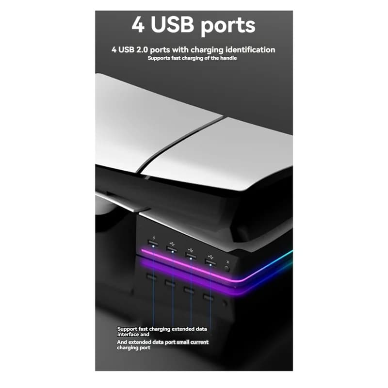 Support Classic-For PS5 Slim/Pro avec modes d'éclairage, 4 hubs USB – Stockage et affichage amélioré