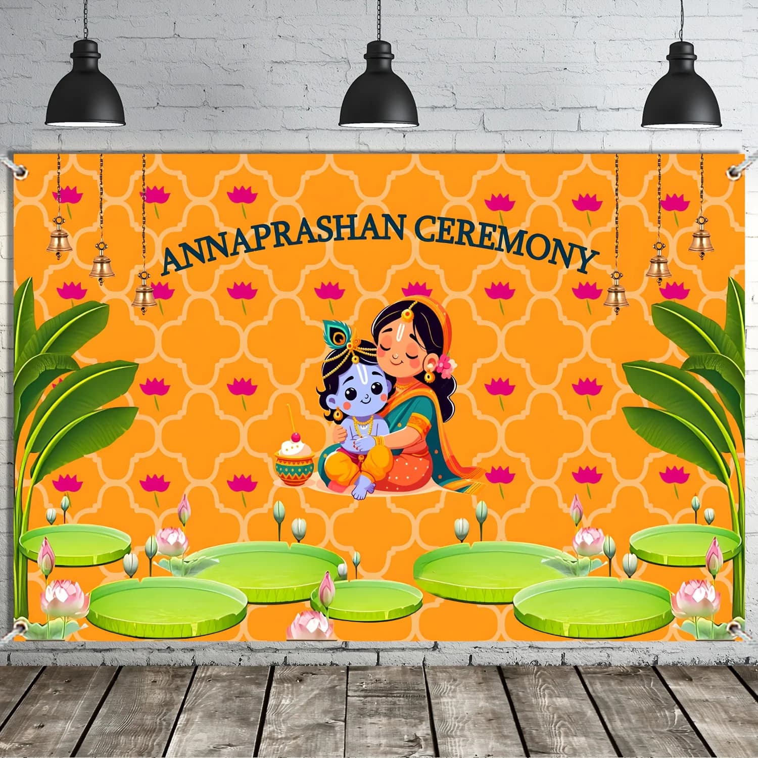 Bannière de fête de cérémonie d'annaprashan indien, toile de fond pour première cérémonie de riz, dé