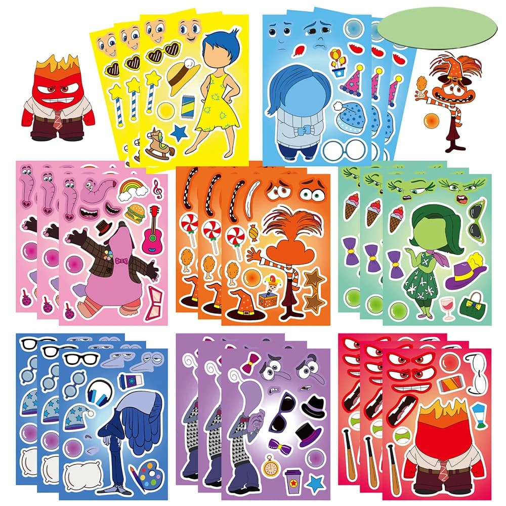 Autocollants puzzle Disney Inside Out, 8/16 feuilles, pour créer un visage, pour enfants, bricolage,