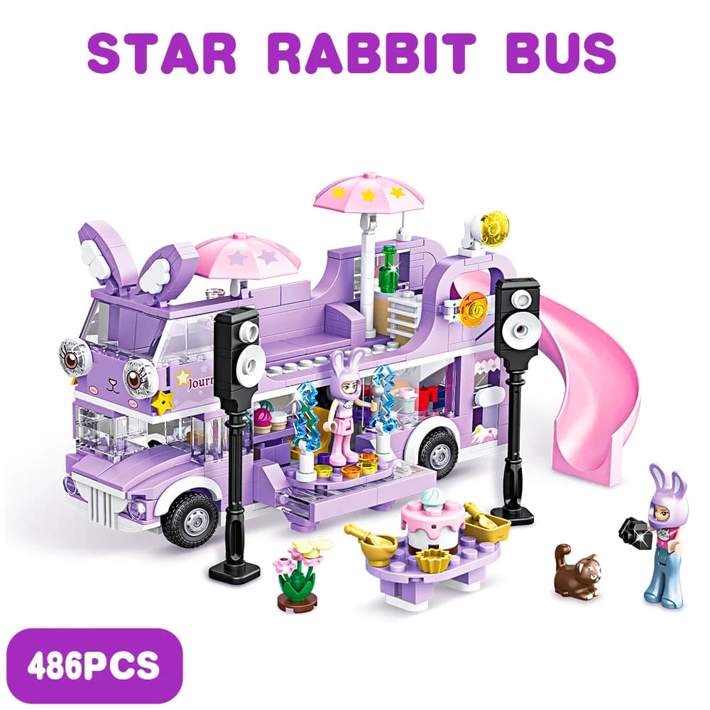 Blocs de construction de Bus lapin étoile à deux étages, 486 pièces, jouets STEM, figurines d'amis, 
