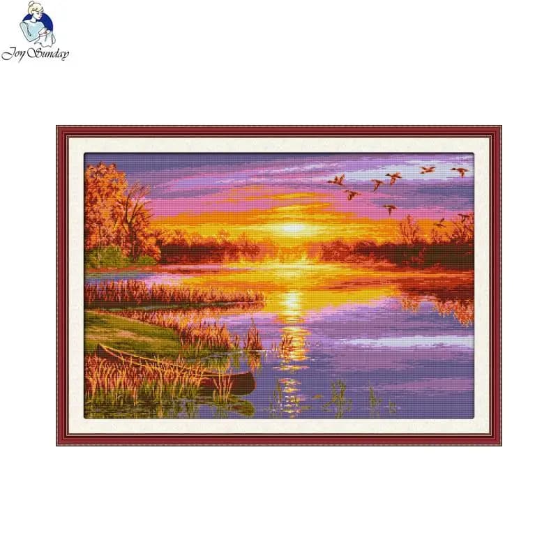 Kit de broderie au point de croix motif paysage de coucher de soleil d'automne, toile Aida 14CT 11CT