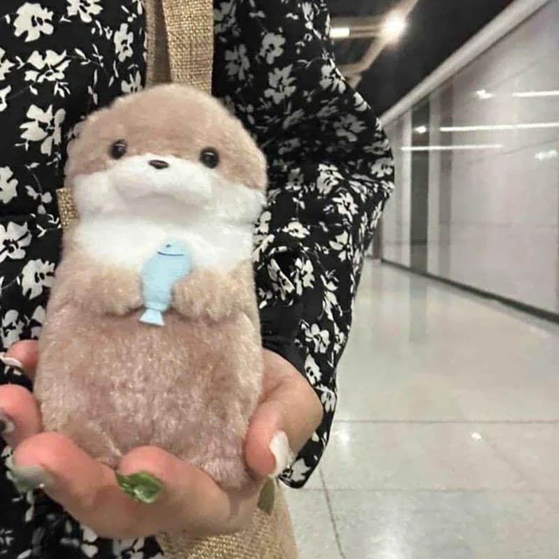 Poupée en peluche de dessin animé, loutres mignonnes tenant du poisson, avec chaîne, porte-clés créa