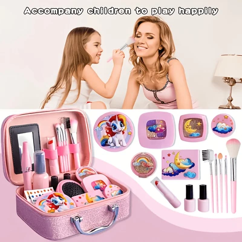Kit de maquillage pour enfants Licorne, cosmétiques lavables et sûrs avec sac à paillettes portable,