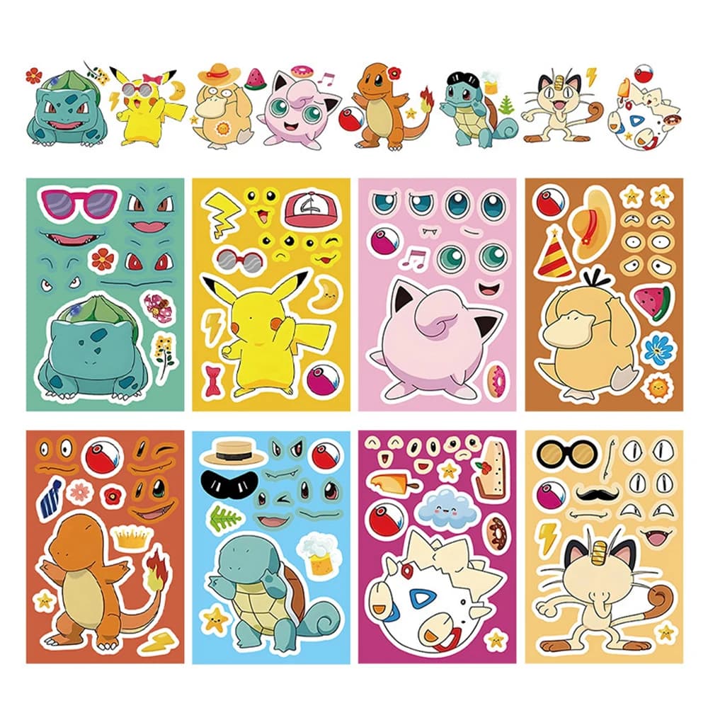 8/16 feuilles d'autocollants puzzle Kawaii mignons Anime Pokémon Pikachu pour créer un visage, DIY, 