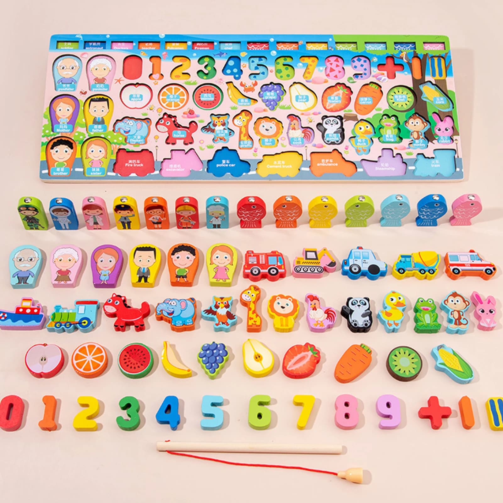 Puzzle en bois avec chiffres, trieur de formes, jeu de comptage et de correspondance, jeu de pêche m