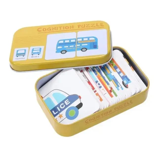 Jeu de cartes éducatives en boîte métallique : Puzzle cognitif Voiture, Fruits, Animaux, Vie – Cadea