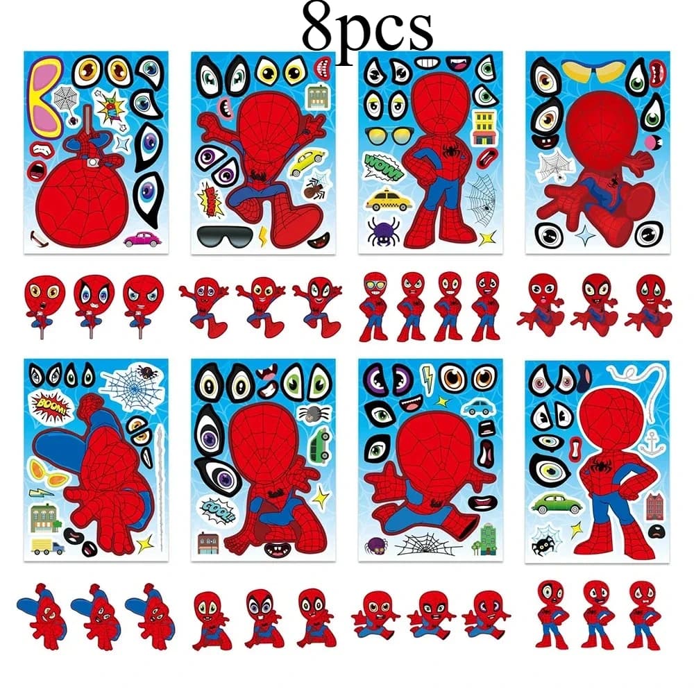 8/24 feuilles d'autocollants puzzle Spider-Man Marvel pour garçons, jeu de création de visages, jeu 