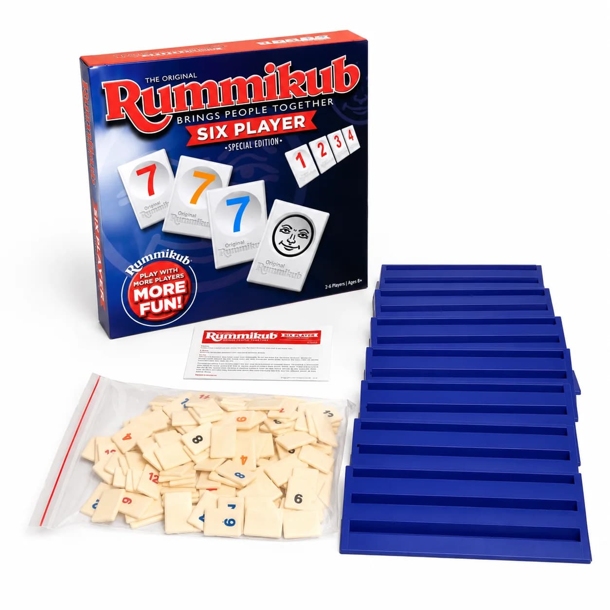Jeu de société de stratégie de tuiles Rummikub pour six joueurs avec supports bleus, logique numériq
